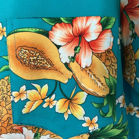 Vintage 70s Hawaiian Aloha Shirt Papaya Leis Pineapple Hibiscus Polyester Medium - Picture 2 of 9